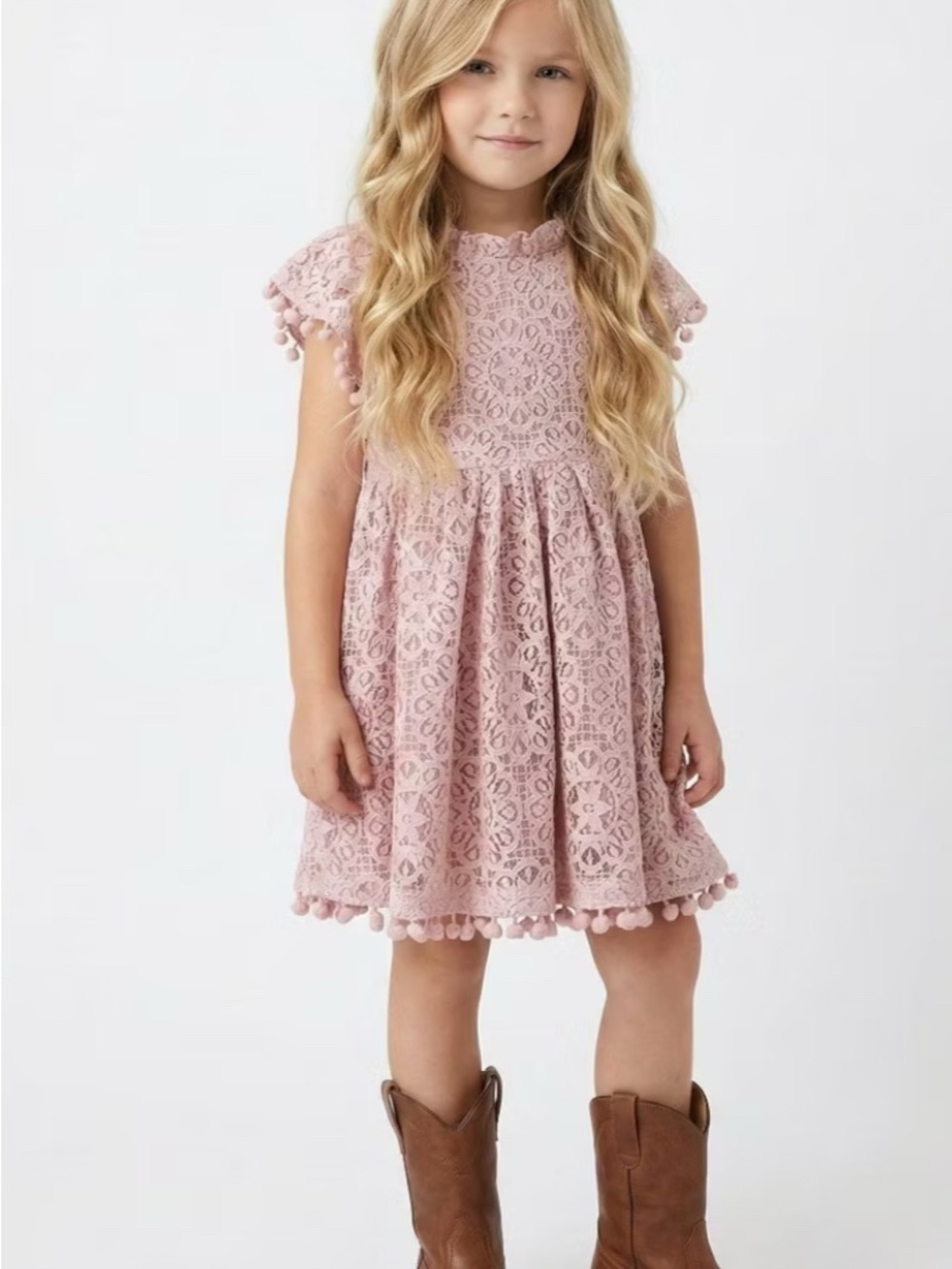 2Bunnies Girls' Lace Pom Pom Trim Girl Dress Rose Pink 9-10 Years
